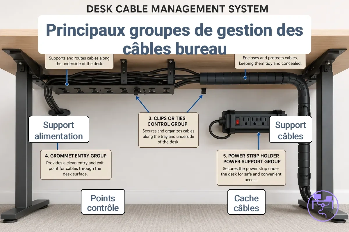 Schéma des principaux groupes de composants d’un système de gestion des câbles de bureau comprenant plateau, goulotte, manchon, clips, passe-câble et support de bloc multiprise