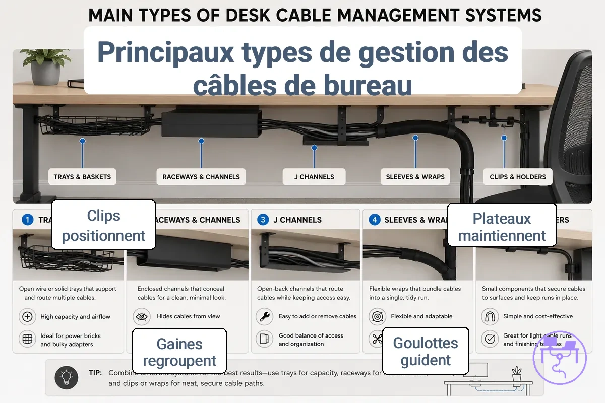 Comparaison des familles de types de systèmes de gestion des câbles de bureau