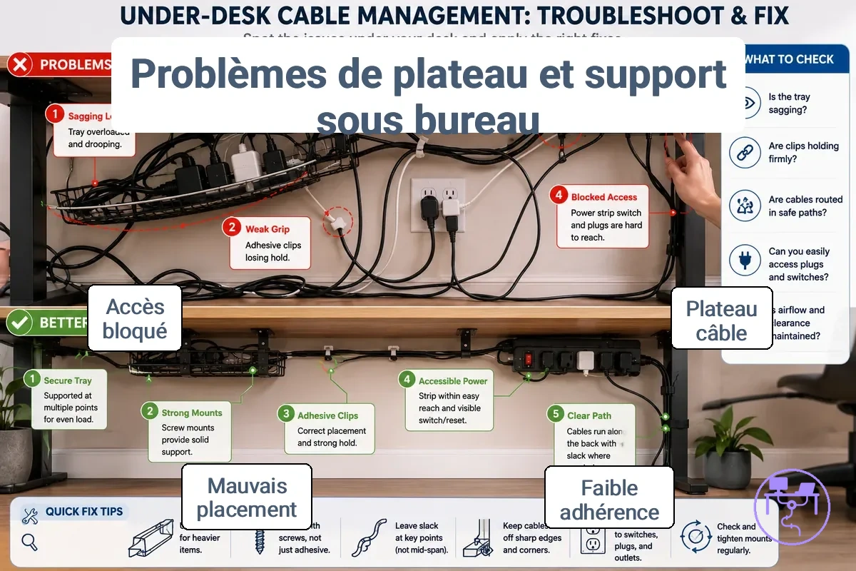 Problèmes de plateau et de support pour câbles de bureau affectant le support et l accès