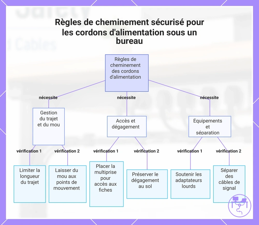Règles de cheminement sécurisé pour les cordons d'alimentation sous un bureau