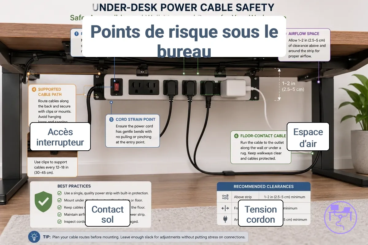 Risques électriques et physiques dans une configuration de câbles d alimentation sous le bureau