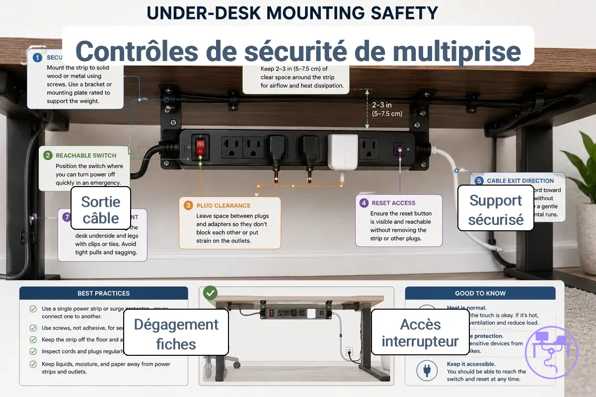 Multiprise et parasurtenseur montés sous un bureau avec accès et dégagement des câbles