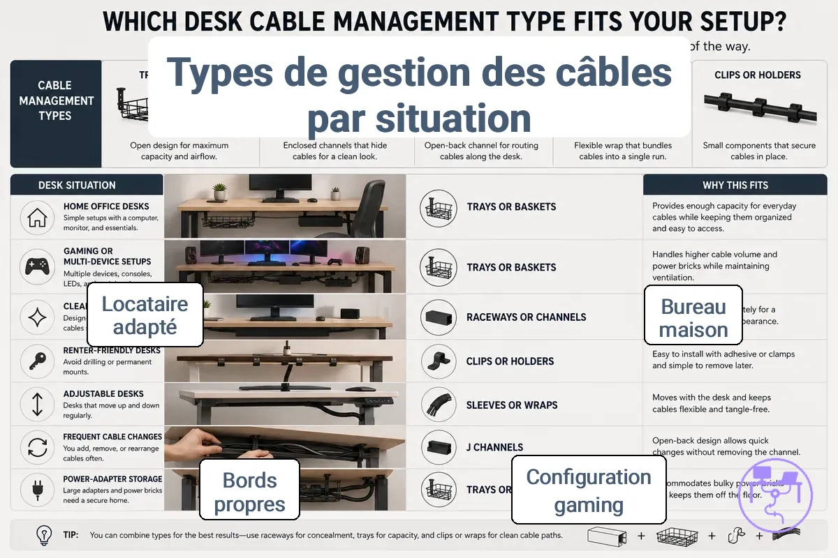 Situations de bureau adaptées aux types de gestion des câbles