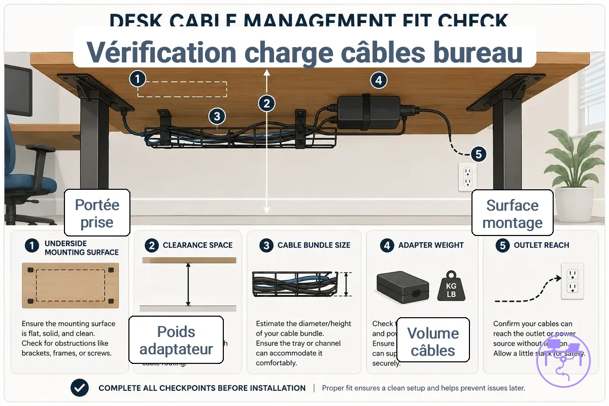Verifications ajustement installation bureau charge cables