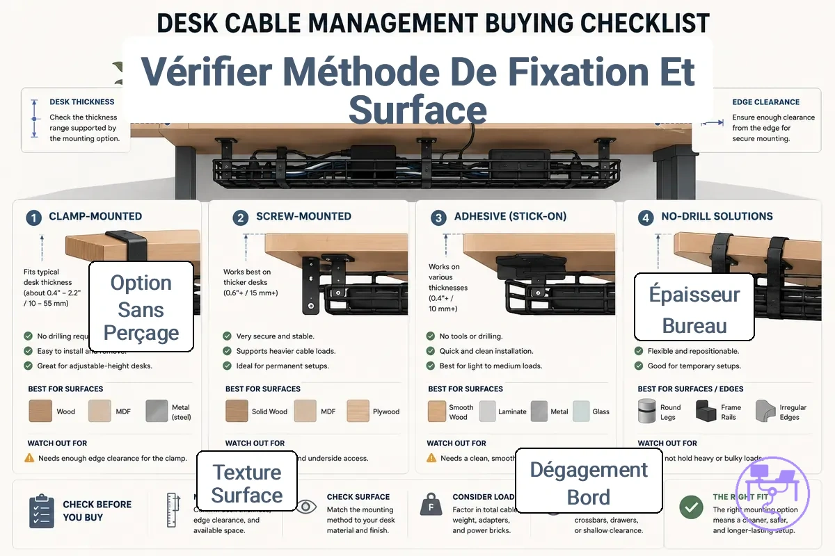 Examen de la compatibilité de la surface du bureau et de la méthode de montage