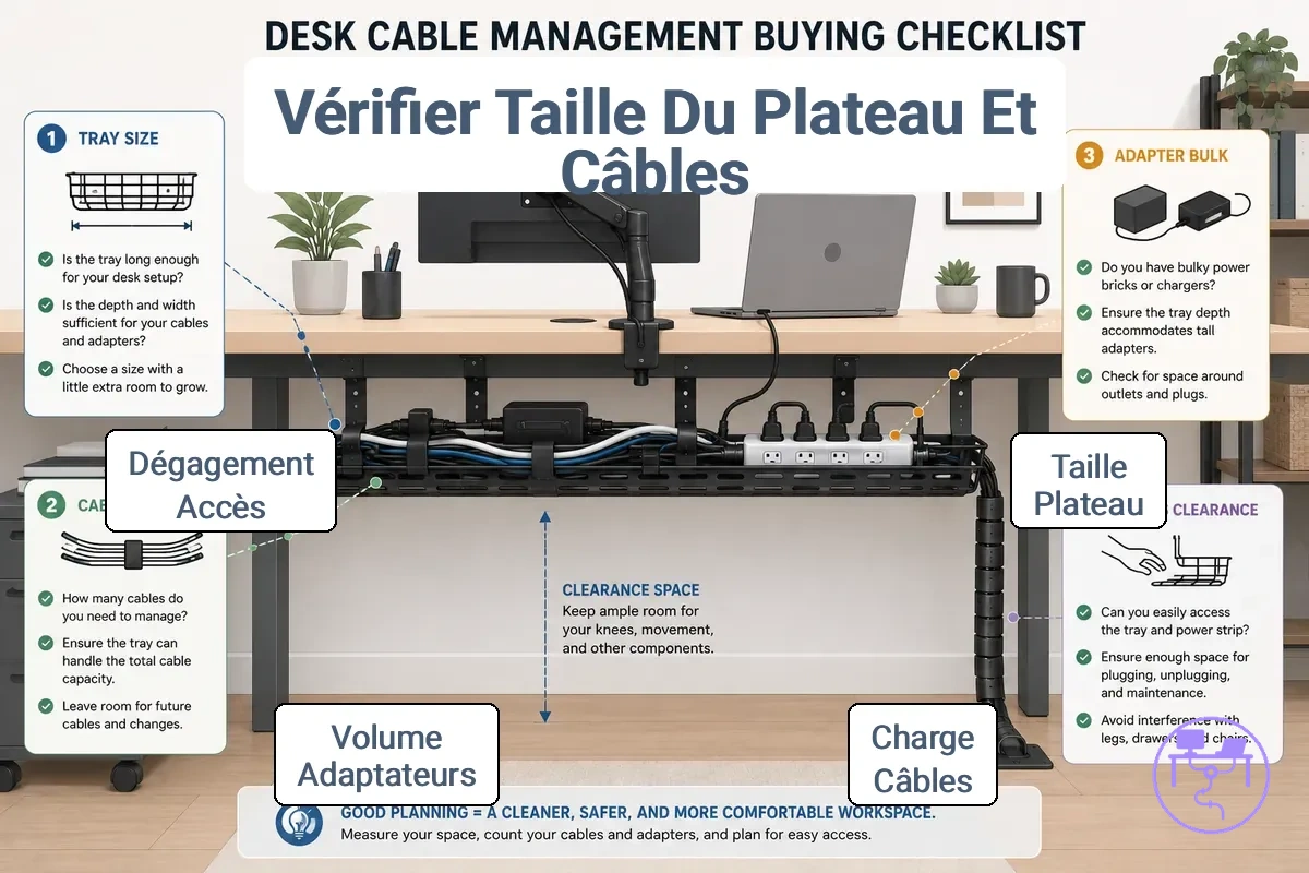 Évaluation de la capacité du plateau sous bureau pour les câbles et les adaptateurs