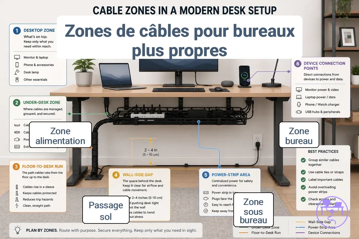 Zones de câbles sur une configuration de bureau, comprenant la surface, le dessous et les zones de connexion