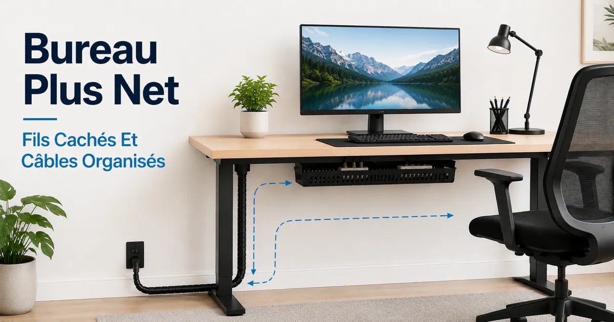 Bureau plus net avec un système de gestion des câbles qui cache les fils visibles et organise les câbles sous le plateau