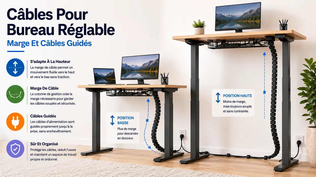 Système de gestion des câbles pour bureau réglable en hauteur avec marge pour le mouvement du plateau et câbles d’alimentation guidés