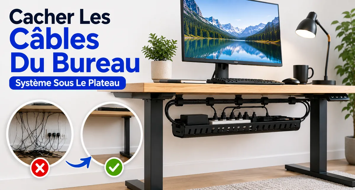 Câbles de bureau cachés avec un système de gestion sous le plateau pour un poste de travail propre