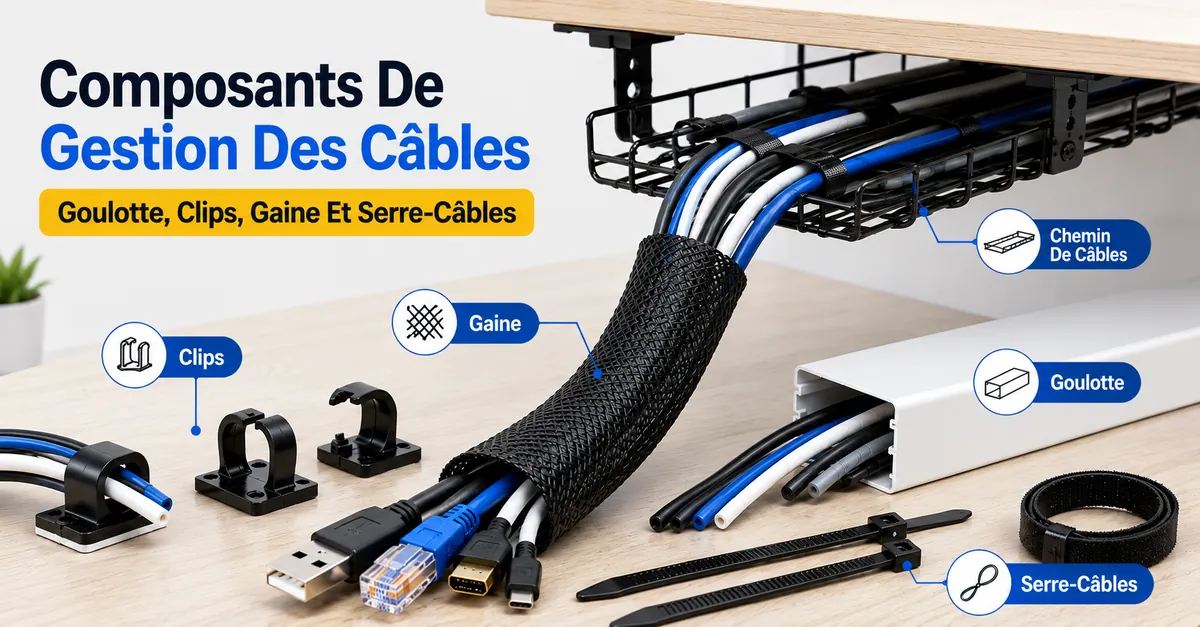 Composants d’un système de gestion des câbles de bureau, avec goulotte, clips, gaine, chemin de câbles et serre-câbles