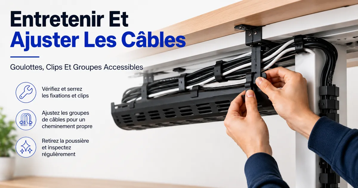 Entretien et ajustement d’un système de gestion des câbles avec goulottes accessibles, clips et groupes de câbles organisés
