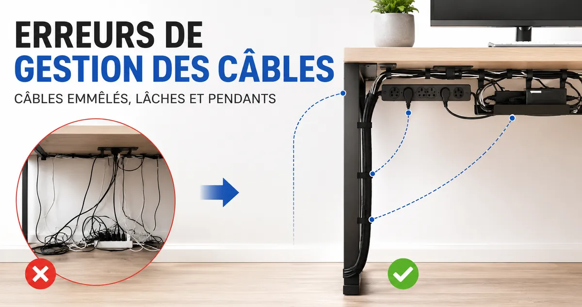Problèmes de gestion des câbles de bureau avec câbles emmêlés, lâches et pendants corrigés sous un bureau