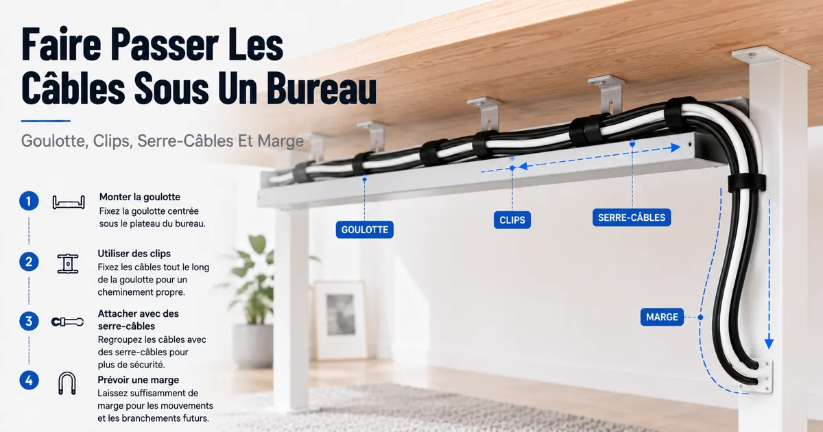Câbles passés sous un bureau dans une goulotte avec clips, serre-câbles et marge contrôlée
