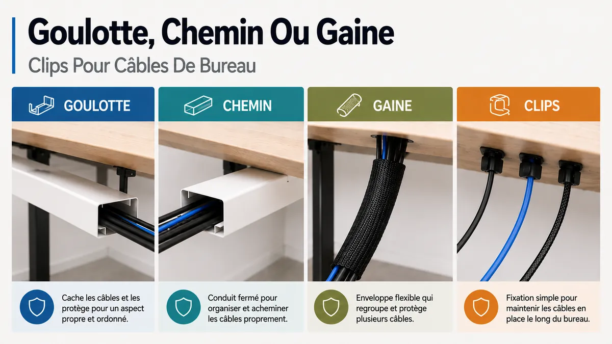 Comparaison d’une goulotte, d’un chemin de câbles, d’une gaine et de clips pour organiser les câbles d’un bureau