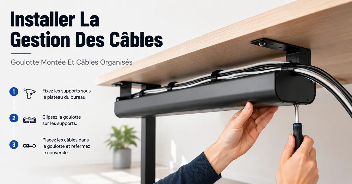 Installation d’un système de gestion des câbles sous un bureau avec goulotte montée et câbles organisés