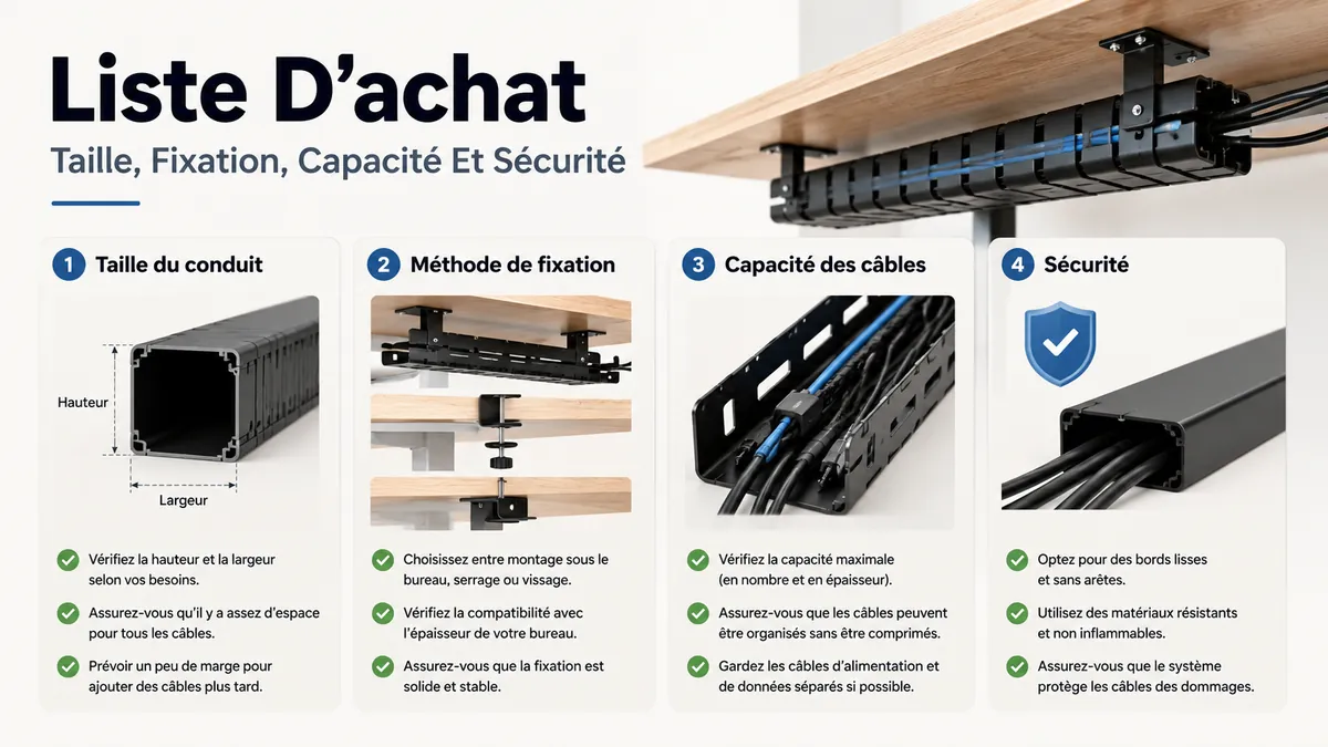 Liste d’achat d’un système de gestion des câbles avec taille de goulotte, méthode de fixation, capacité et contrôles de sécurité