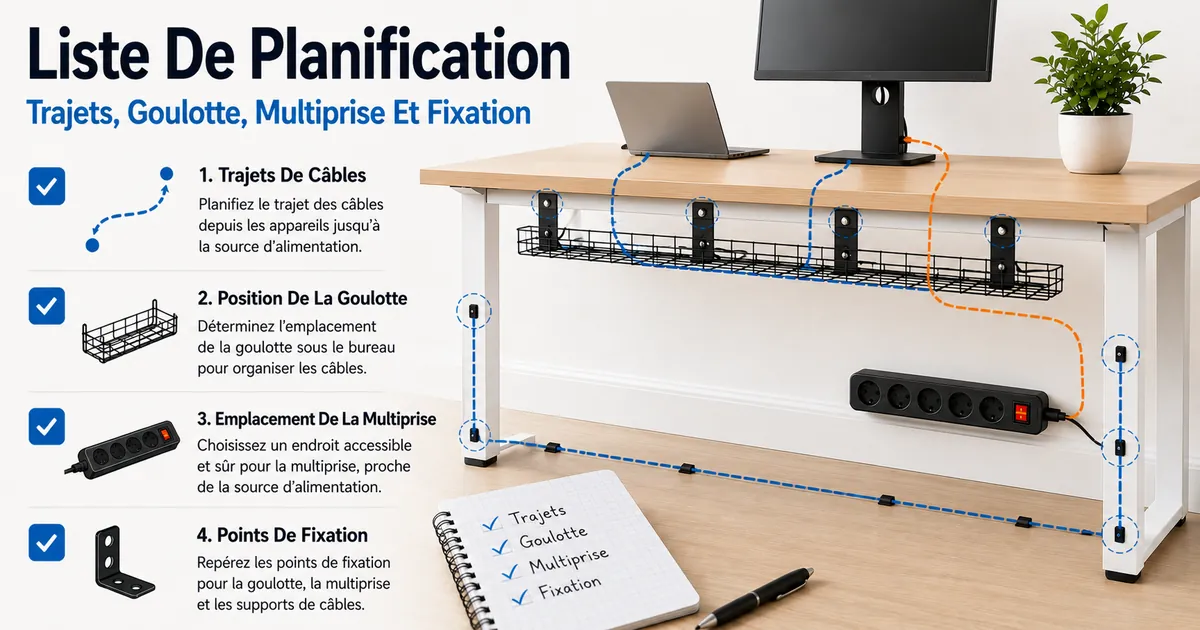 Liste de planification pour un système de gestion des câbles avec trajets de câbles, position de la goulotte, emplacement de multiprise et points de fixation