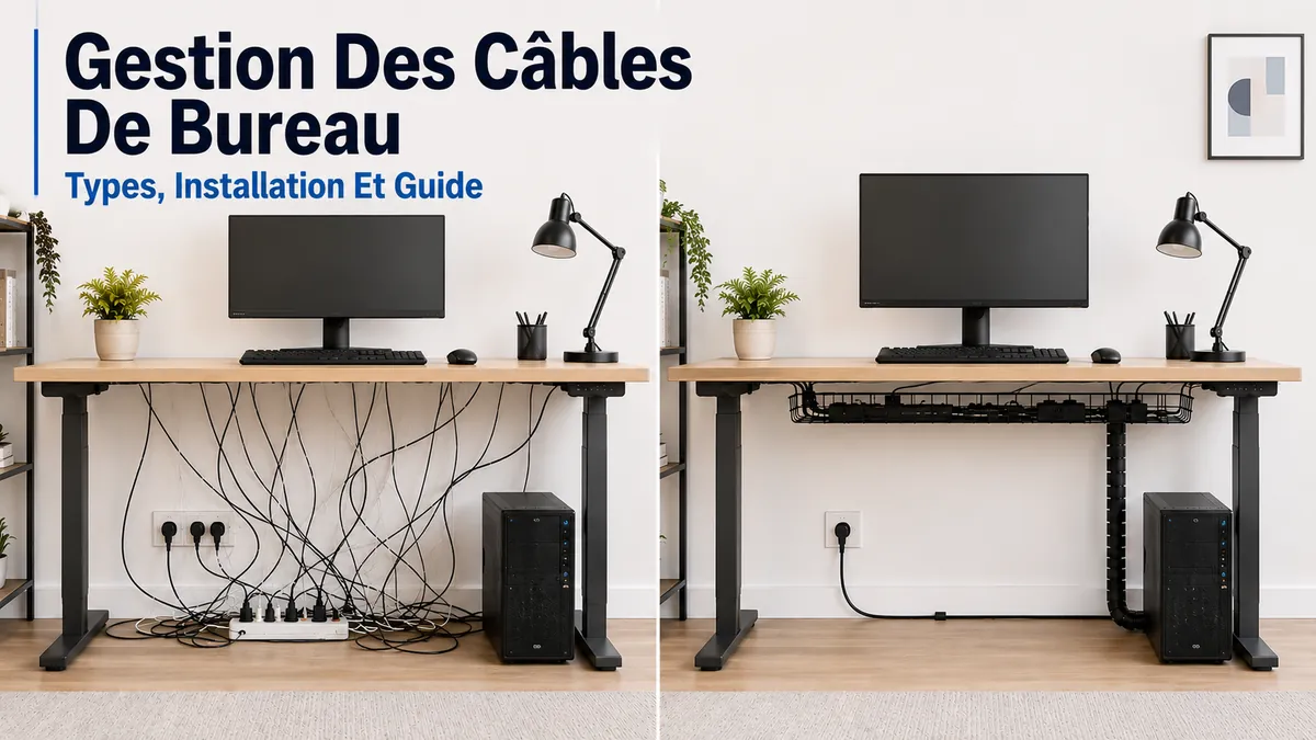 Système de gestion des câbles de bureau avec passe-câbles sous le plateau, câbles guidés et poste de travail organisé