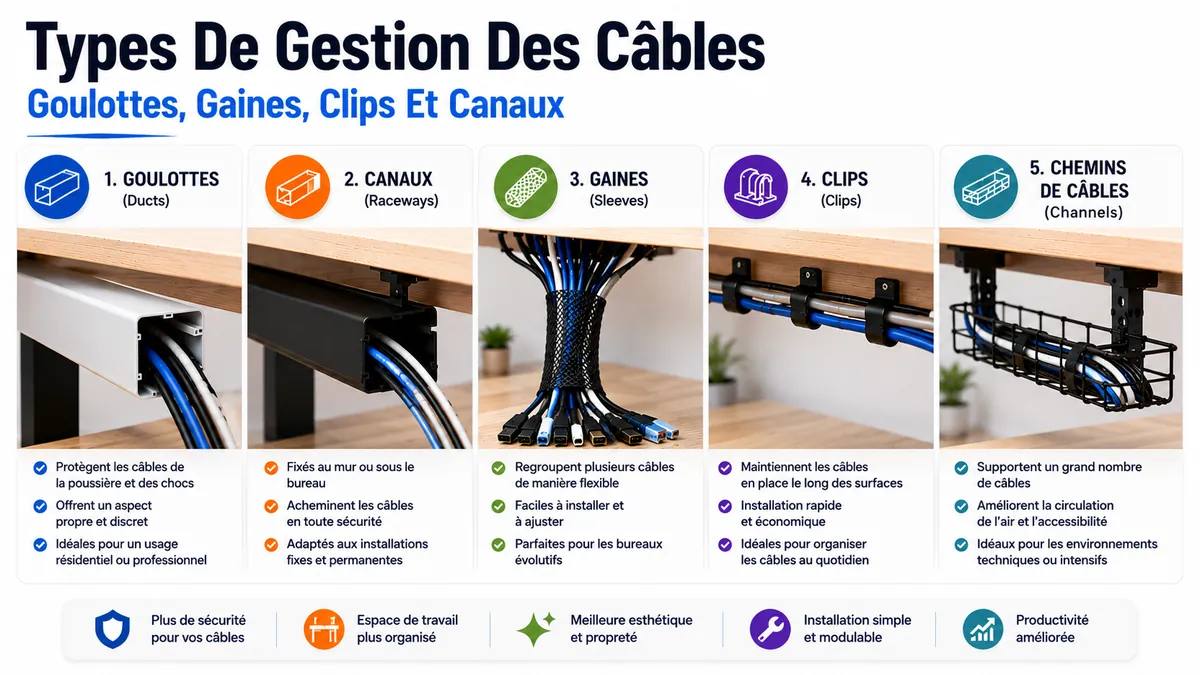 Types de systèmes de gestion des câbles de bureau avec goulottes, chemins de câbles, gaines, clips et canaux