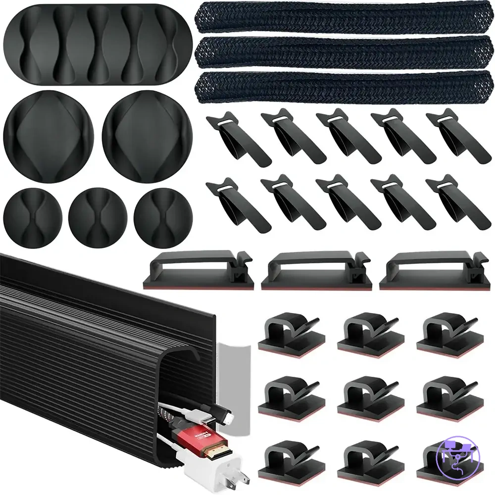Kit de gerenciamento de cabos para mesa com canaleta, manga, clipes e organizadores de fios