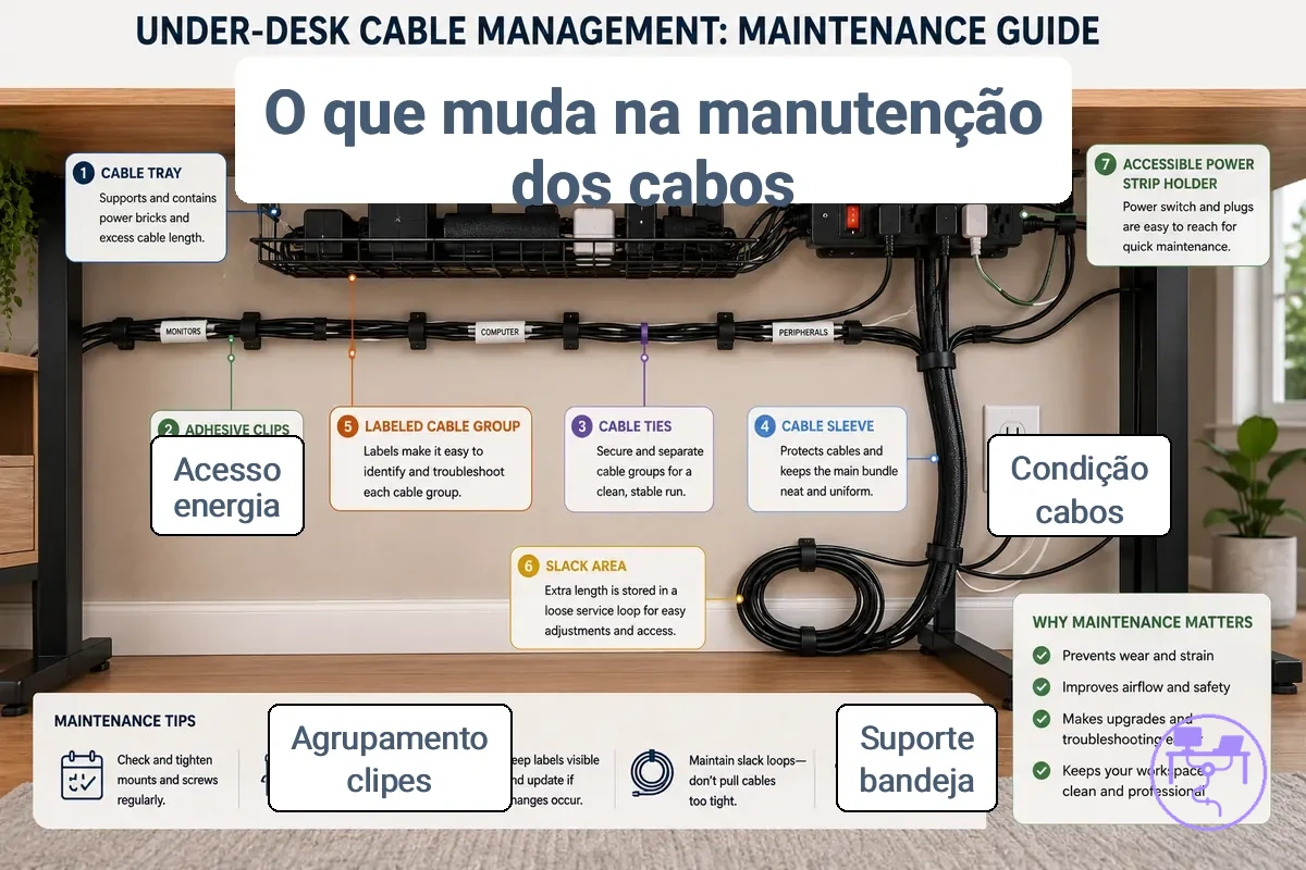 configuração de manutenção do sistema de gerenciamento de cabos para mesa anotada mostrando bandeja, clipes, braçadeiras, etiquetas, manga, folga e suporte para régua de energia