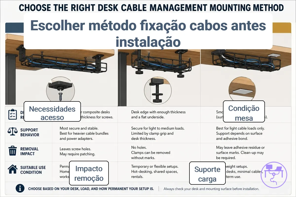 Comparação dos métodos de montagem antes da instalação do gerenciamento de cabos para mesa