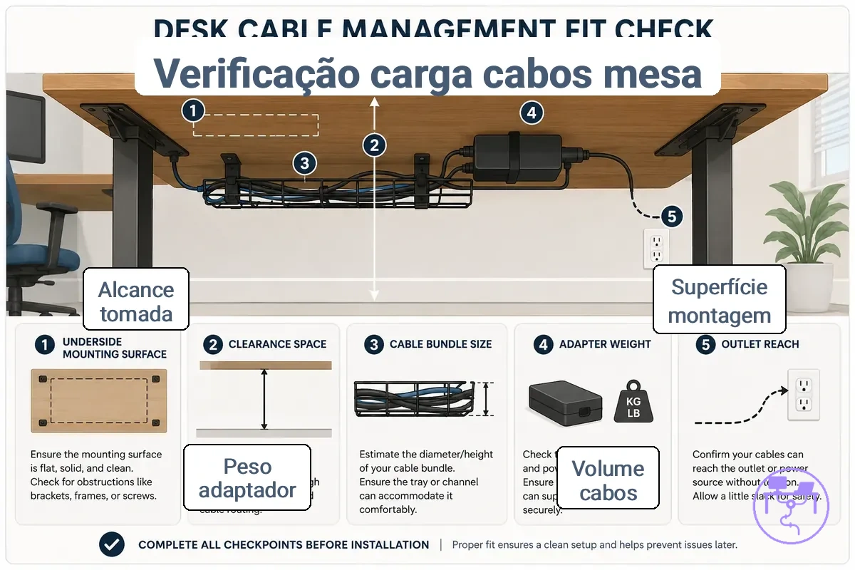 Parte inferior da mesa e áreas de verificação de ajuste da carga de cabos para instalação