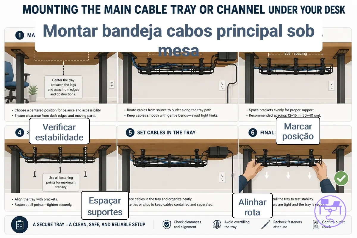Posição de montagem da bandeja ou canal de cabos principal sob uma mesa