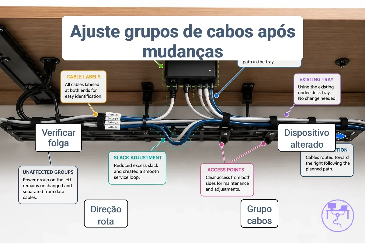 ajuste do sistema de gerenciamento de cabos para mesa após mudança de dispositivo mostrando grupo de cabos alterado, bandeja existente, etiquetas, folga e direção da rota