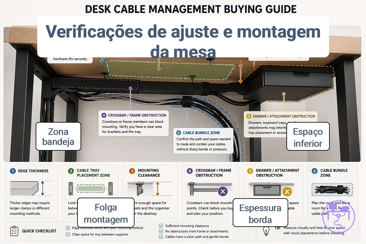 Diagrama de ajuste da mesa e condições de montagem mostrando espaço livre inferior, espessura da borda e posicionamento da bandeja de cabos.