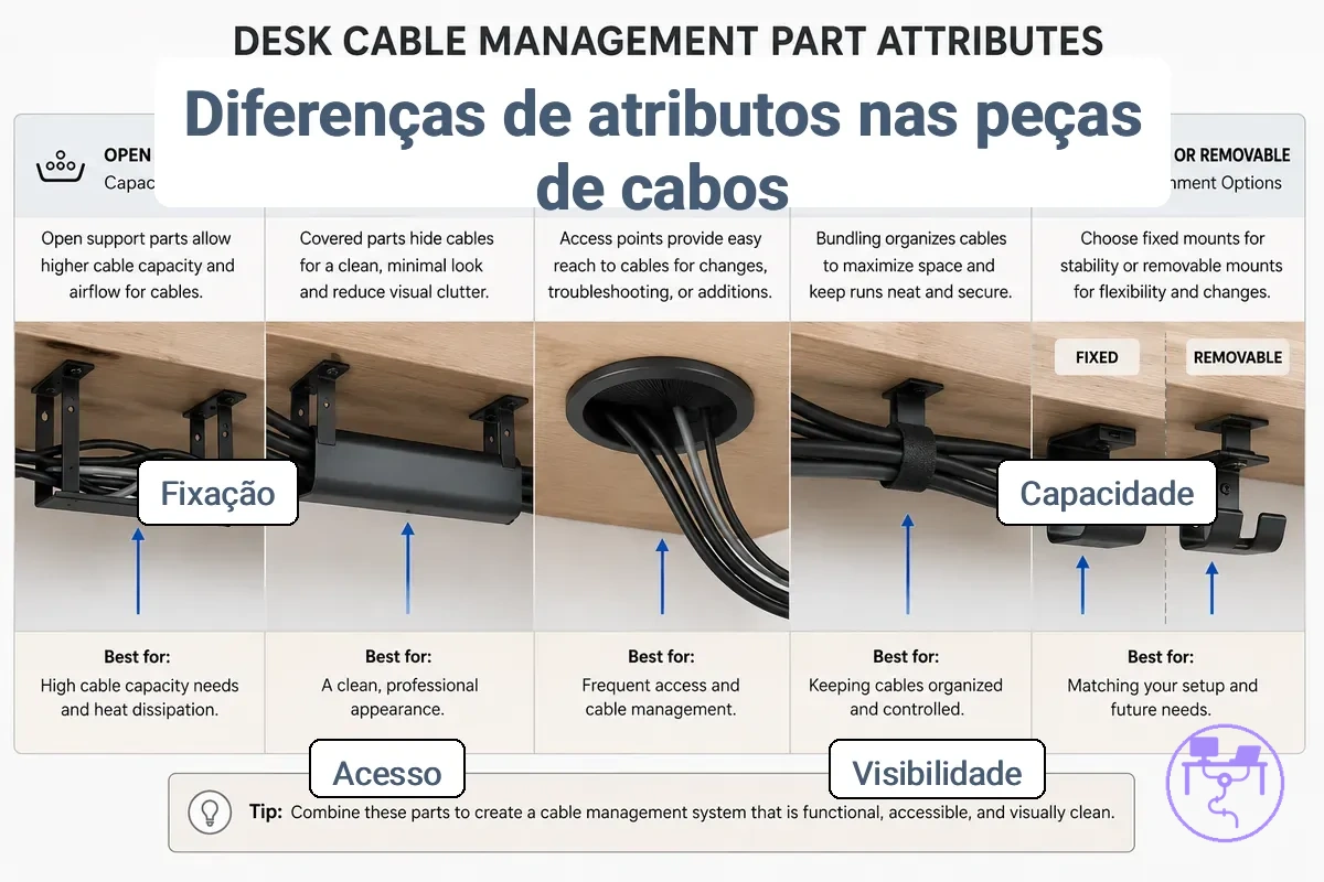 Gráfico comparativo mostrando atributos de peças de gerenciamento de cabos para mesa para capacidade, visibilidade, acesso e fixação