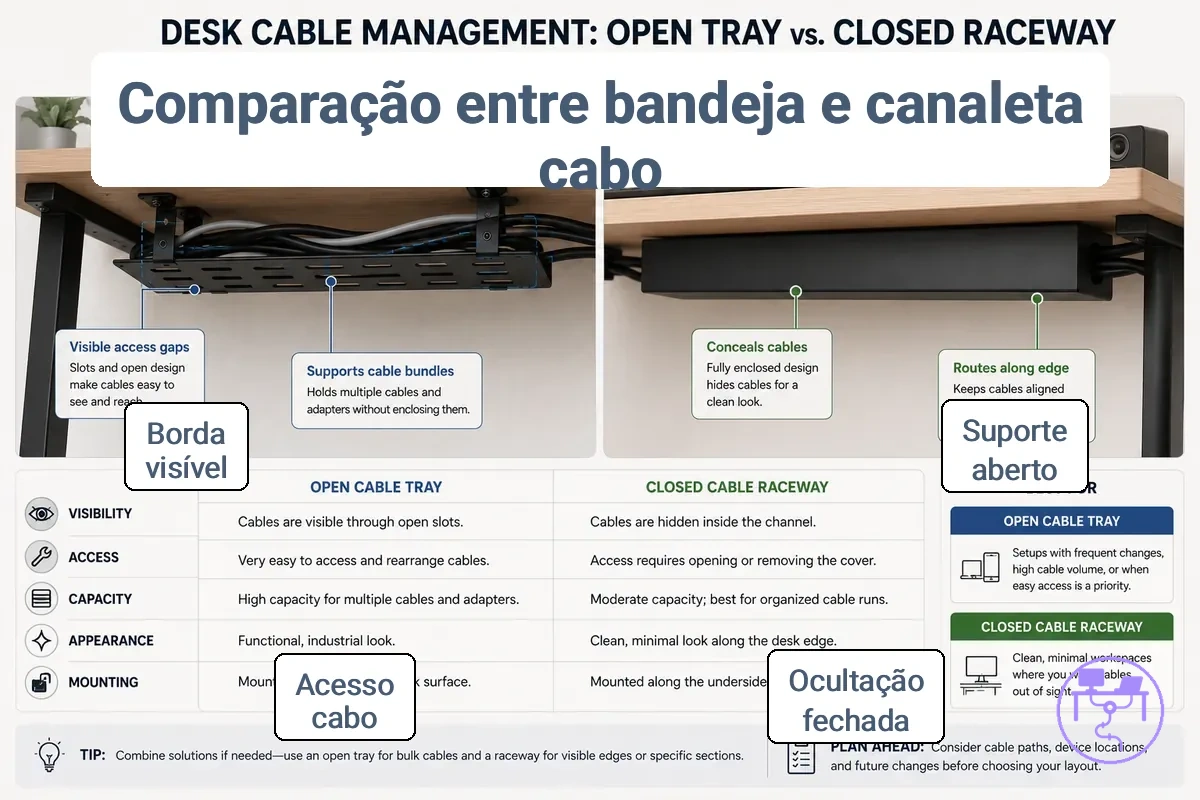 Bandeja para cabos vs canaleta para cabos: suporte aberto e ocultação fechada mostrado com detalhes rotulados dos organizadores de cabos para mesa
