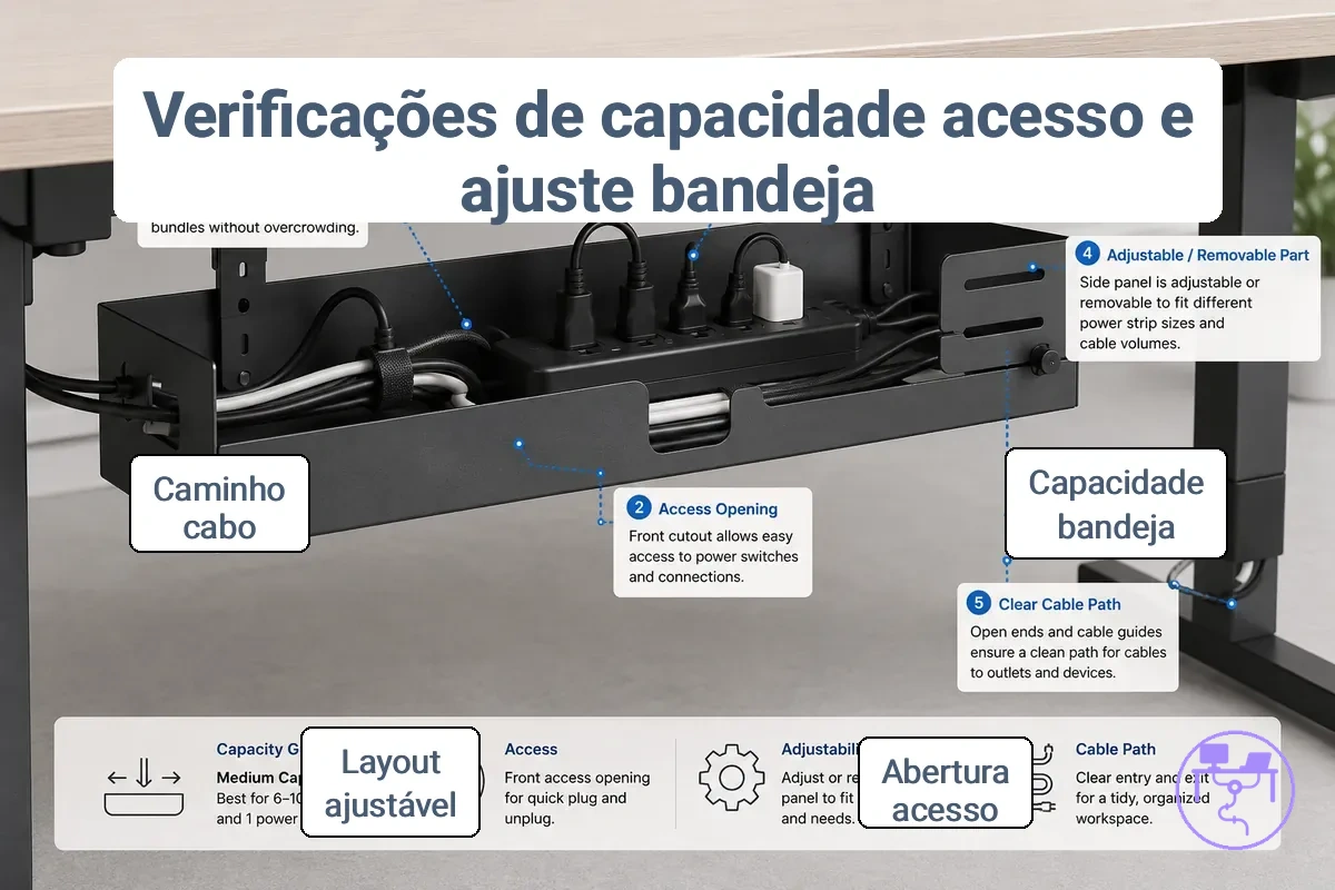 Bandeja sob a mesa mostrando capacidade da bandeja, abertura de acesso e espaço ajustável para gerenciamento de cabos.