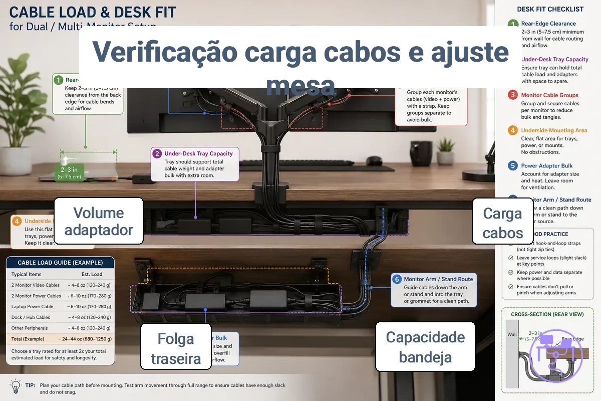 Verificação de carga de cabos e ajuste à mesa para dois monitores mostrando capacidade da bandeja sob a mesa, espaço na borda traseira e cabos de monitor agrupados