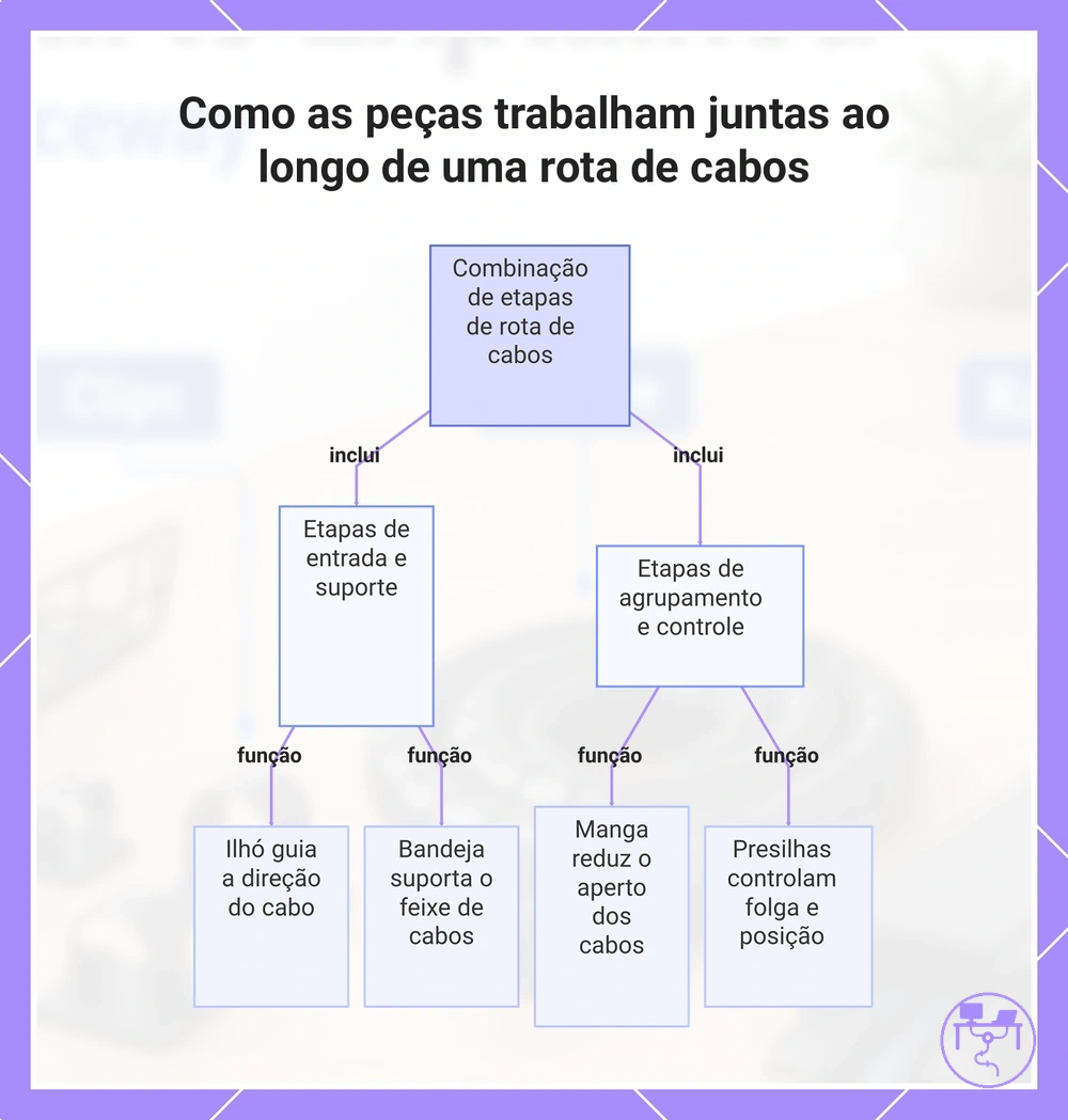 Como as peças trabalham juntas ao longo de uma rota de cabos