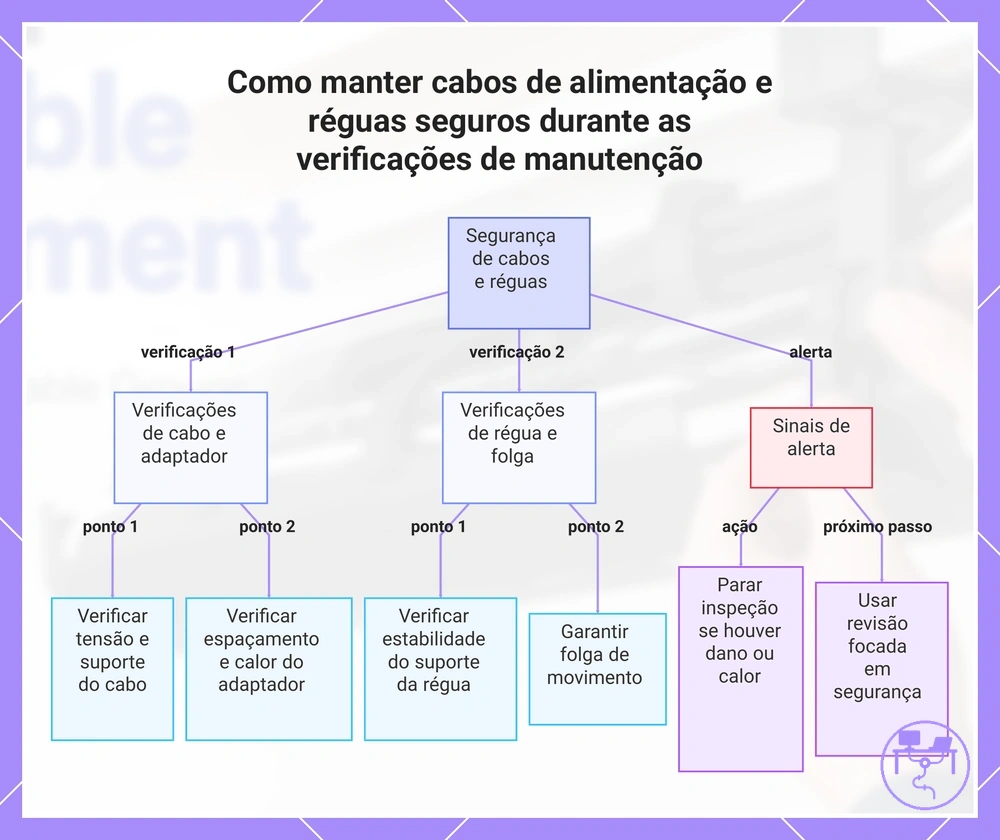 Como manter cabos de alimentação e réguas seguros durante as verificações de manutenção