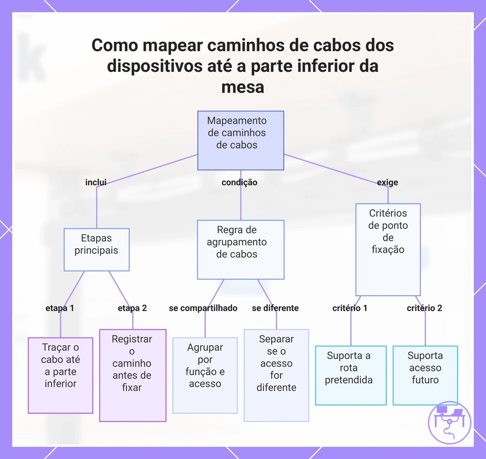 Como mapear caminhos de cabos dos dispositivos até a parte inferior da mesa