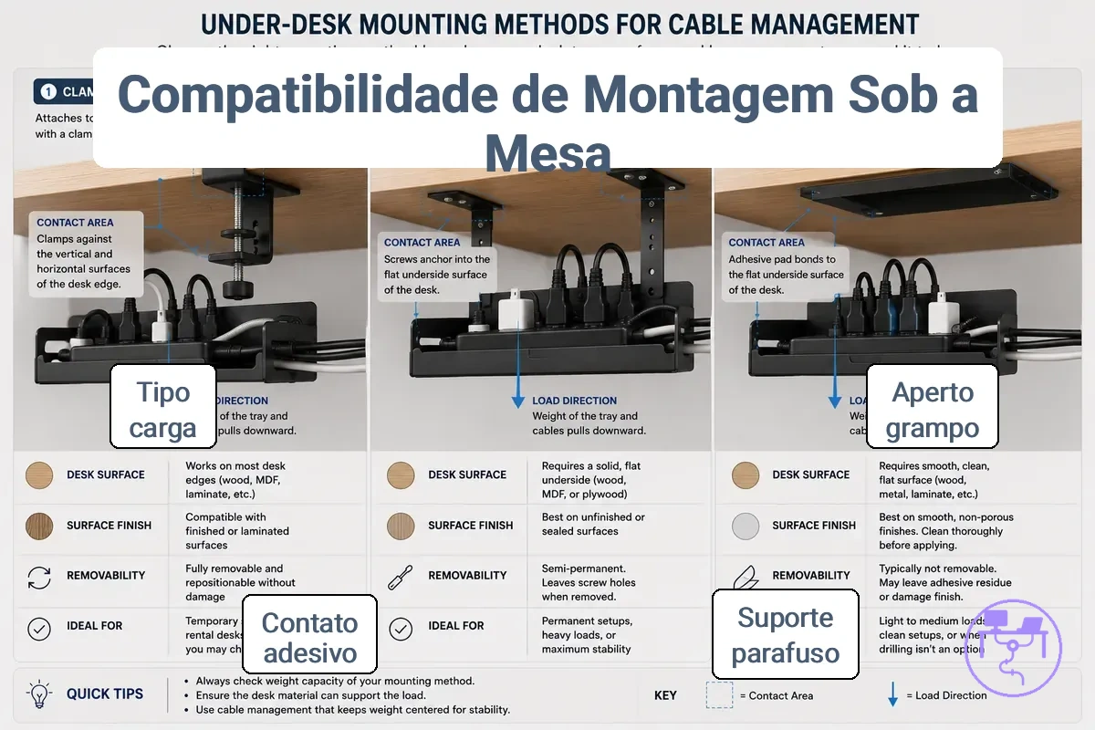 Comparação dos métodos de montagem com grampo, parafuso e adesivo sob uma mesa