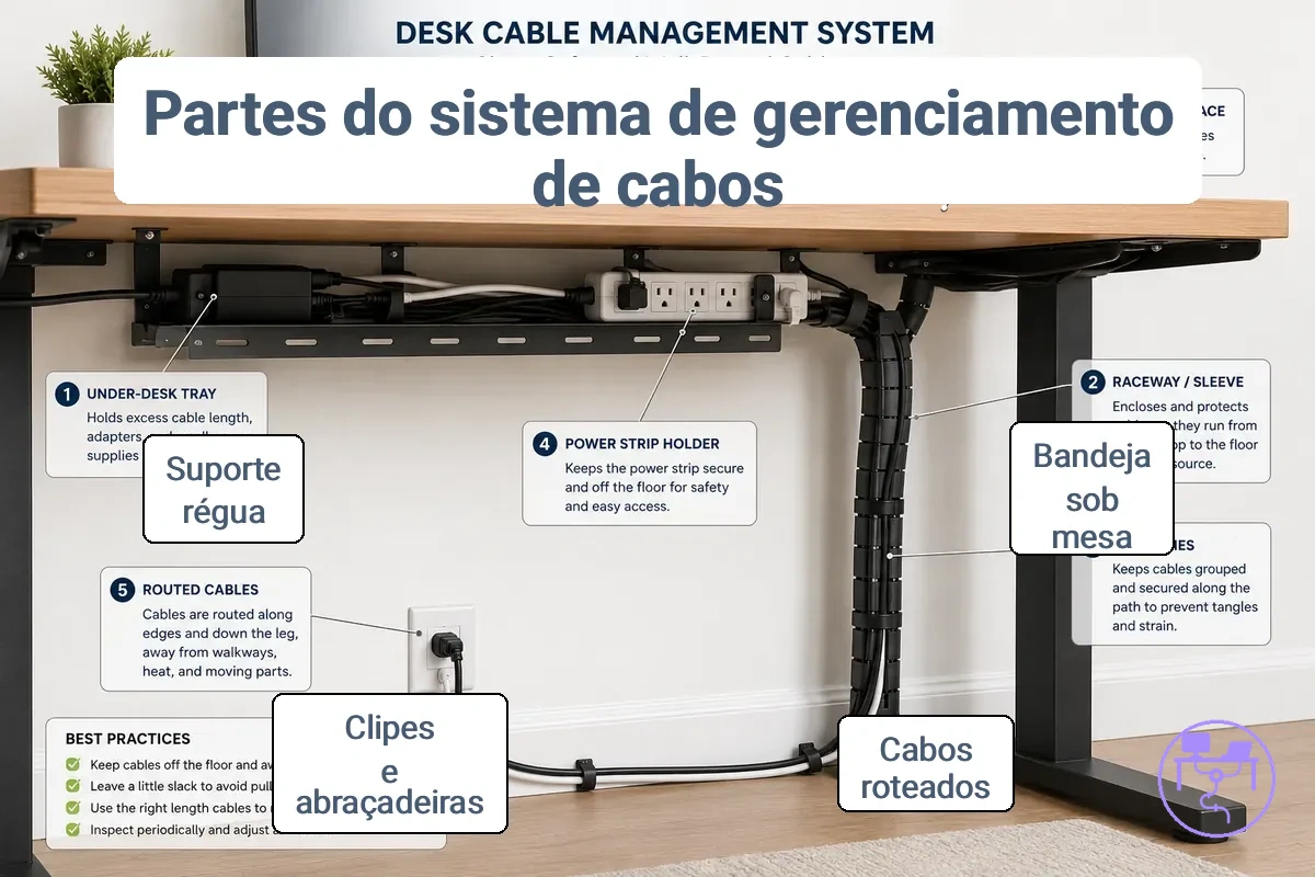 Principais peças dentro de um sistema de gerenciamento de cabos para mesa sob uma estação de trabalho.
