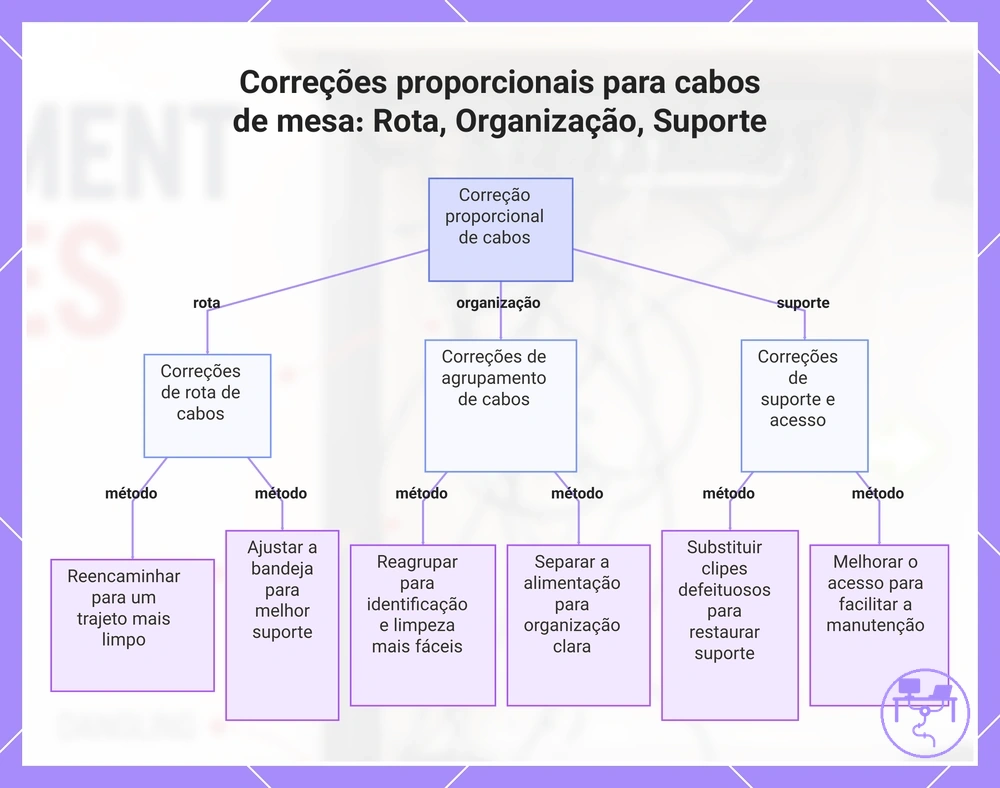 Correções proporcionais para cabos de mesa: Rota, Organização, Suporte