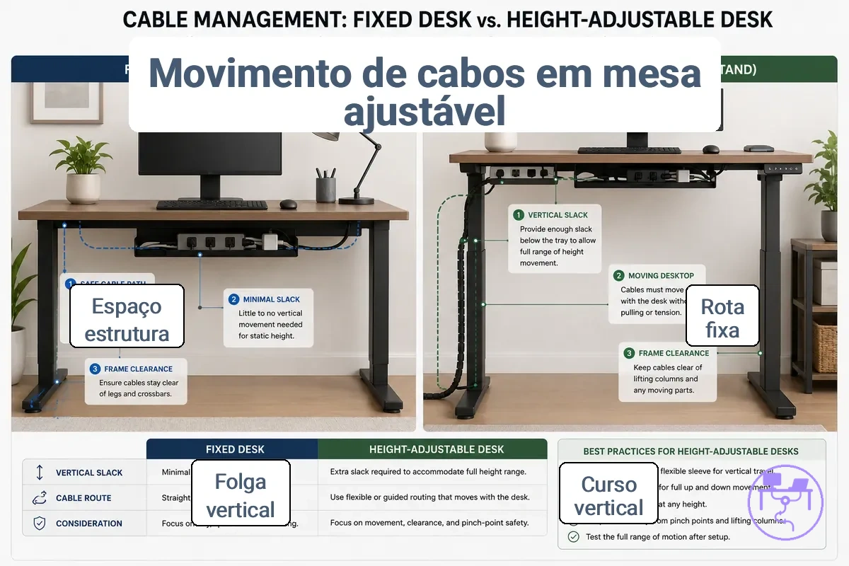 gerenciamento de cabos para mesa ajustável comparado com roteamento de cabos para mesa fixa