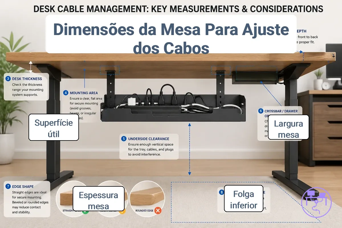 Medidas da mesa e área de montagem que afetam a compatibilidade do sistema de gerenciamento de cabos