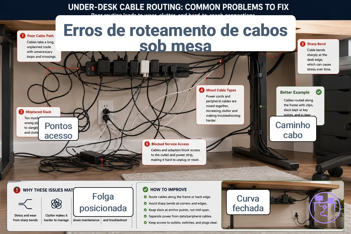 Problemas de roteamento de cabos sob a mesa mostrando trajeto do cabo e problemas de folga