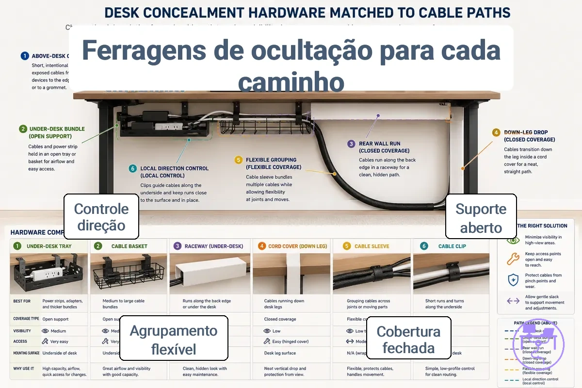 Hardware de ocultação combinado com diferentes caminhos de cabo