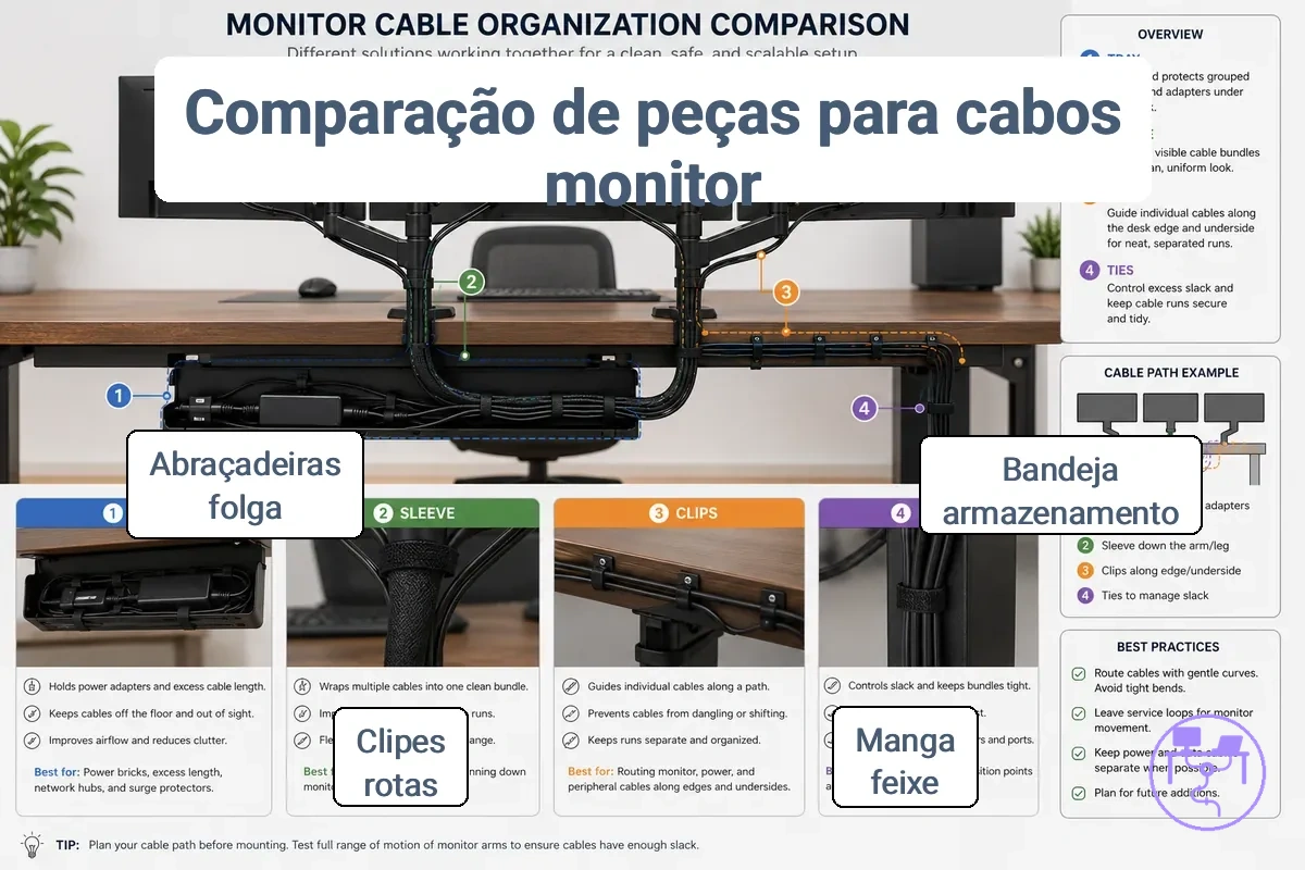 Bandejas, mangas, clipes e presilhas usados para gerenciamento de cabos de monitor com cabos agrupados, controle de feixe visível e cabos separados