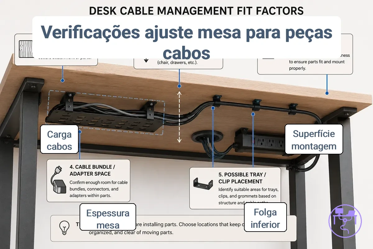 Parte inferior da mesa anotada mostrando fatores de ajuste para peças de gerenciamento de cabos, incluindo superfície de montagem, espaço livre, espessura e carga de cabos