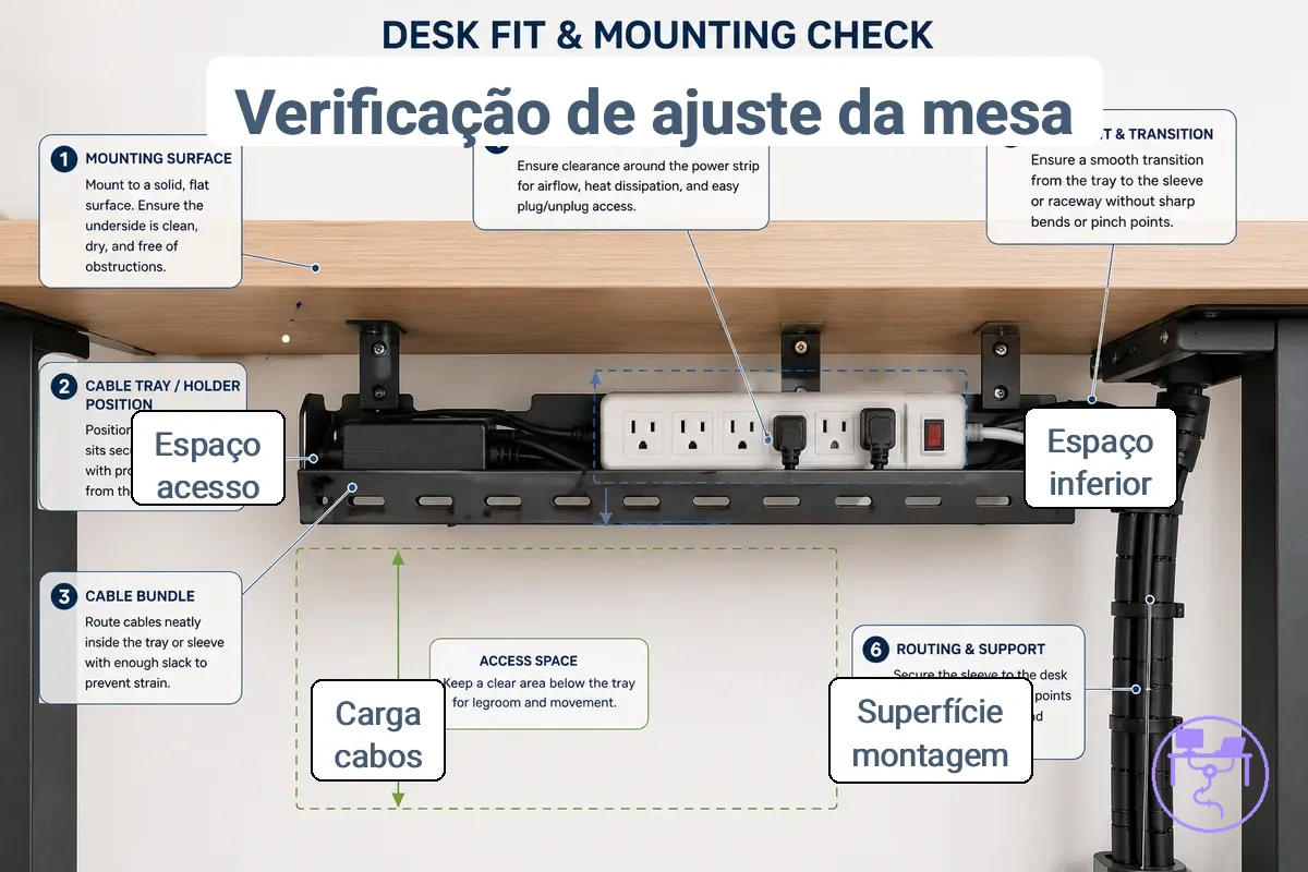 Verificação de ajuste à mesa para montagem de um sistema de gerenciamento de cabos sob uma estação de trabalho.
