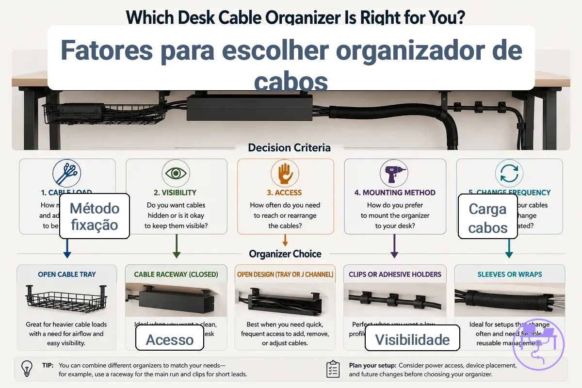 Fatores de comparação que alteram a escolha do organizador de cabos para mesa mostrados com detalhes rotulados