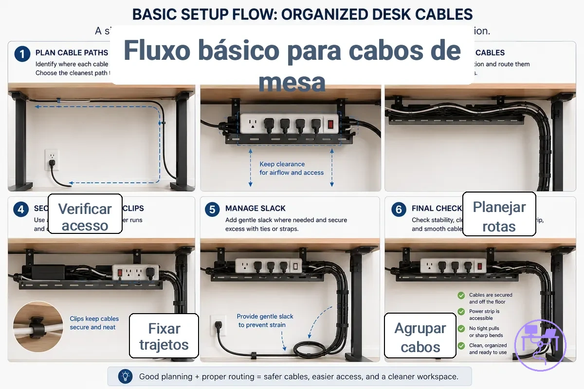 Fluxo básico de configuração mostrando cabos de mesa agrupados e roteados sob uma estação de trabalho.